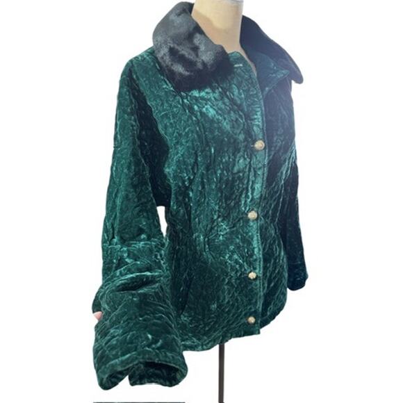 "KAOS" Green Vintage Y2K Velvet Coat Made In USA Faux Fur Collar SZ S PLZ READ - Picture 2 of 13